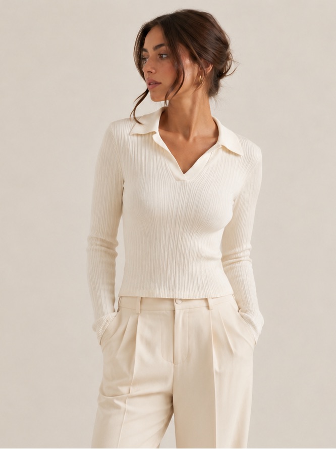 Bailey 44 Ribbed Collared Sweater Top Cream Ivory Long Sleeve Knit Size L